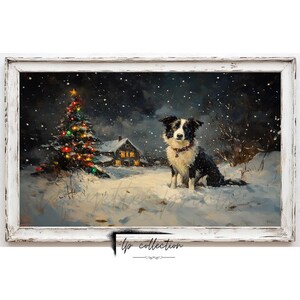 May include: A black and white border collie dog stands in a snowy winter scene with a Christmas tree and a small house in the background. The dog is looking at the viewer with a curious expression.