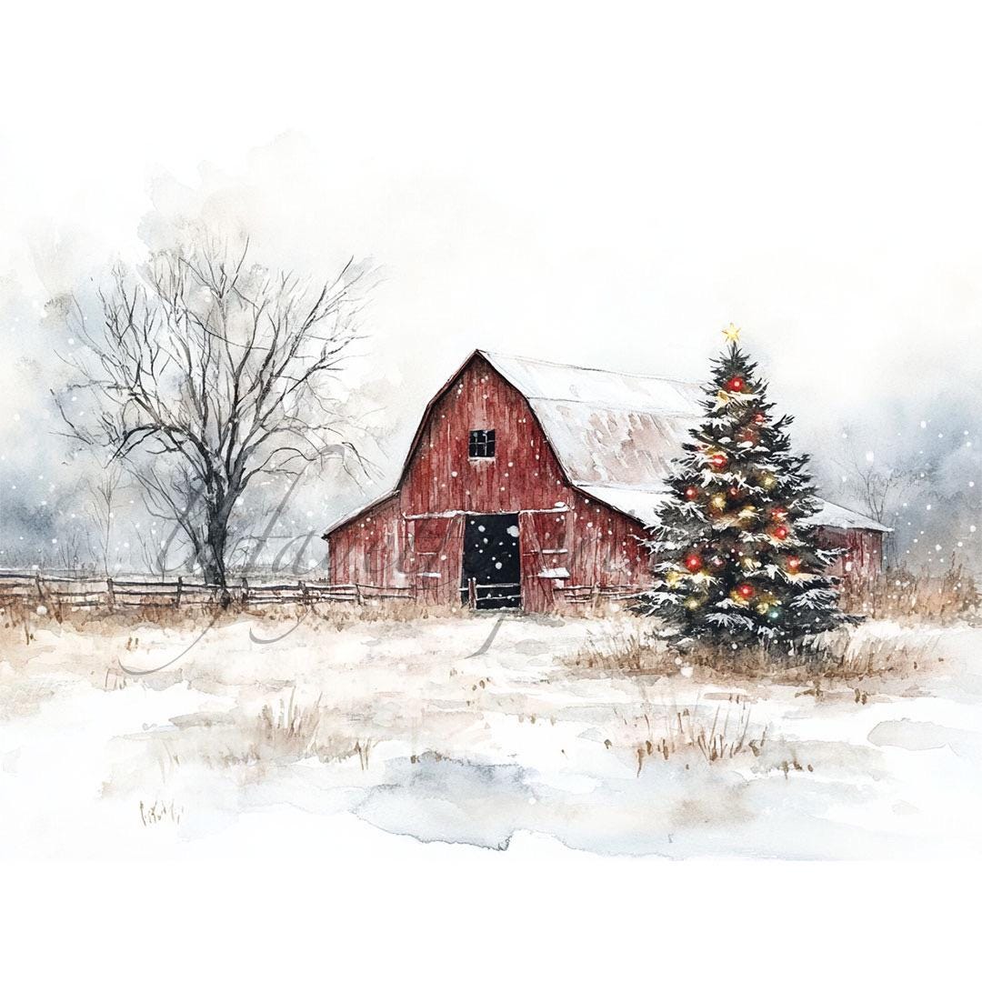 Vintage Winter Barn Print | Red Christmas Barn Painting | Rustic ...