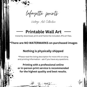Op de afbeelding: Een zwart-wit grafische afbeelding met de tekst "lafayette prints" en "Vintage Art Collective". De tekst "Printable Wall Art" wordt uitgelicht, samen met details over direct downloaden en geen watermerken.
