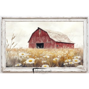 May include: A red barn with a white door and windows sits in a field of white daisies. The barn has a weathered wooden roof and is surrounded by tall grass.
