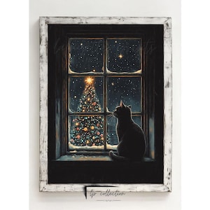 Cat in Window Wall Art | Cat Decor Printable | Cat Gift | Christmas Cat | Black Cat Painting | Black Cat on Windowsill | lafayette prints
