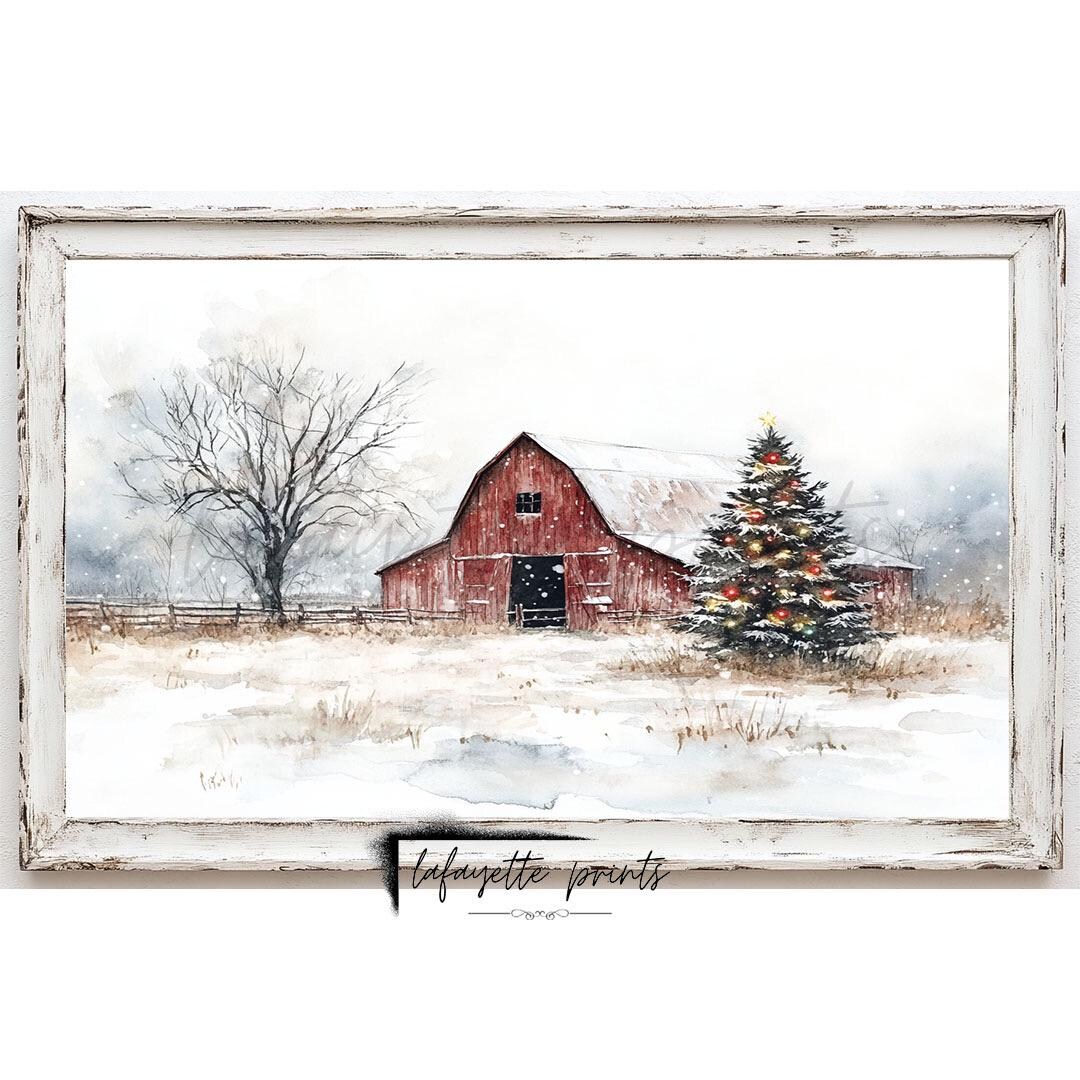 Vintage Winter Barn Print | Red Christmas Barn Painting | Rustic ...