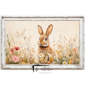 Spring Bunny Rabbit in Wildflower Field Printable | Pink Farmhouse Painting | Easter Decor | Spring Art Digital Download | lafayette prints