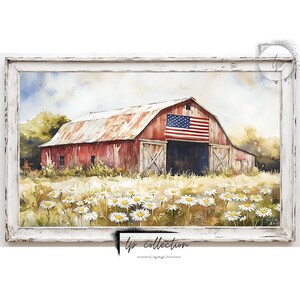 May include: A watercolor painting of a red barn with a weathered wooden door and an American flag hanging above it. The barn is surrounded by a field of white daisies.