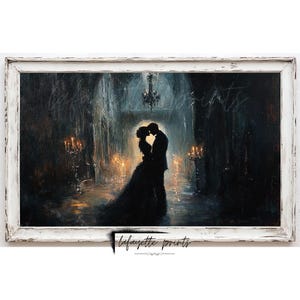 May include: A framed painting depicts a romantic scene of a couple embracing in a dimly lit room. The artwork features a dark color palette with a chandelier and candles, creating a dramatic atmosphere. The frame is white with a distressed finish.