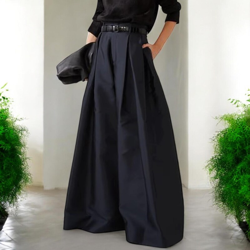 Designed wide pleated woolen pleated skirt