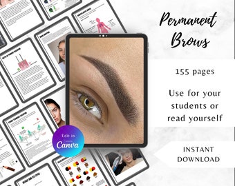 Manual de capacitación para cejas permanentes, guía completa de micropigmentación, Ombré, cejas en polvo, edición en Canva, híbridas, técnica de sombreado paso a paso.
