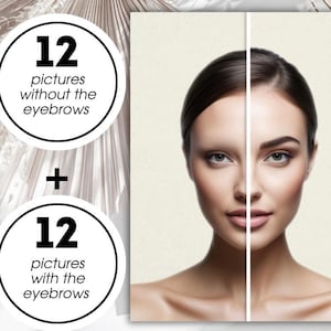May include: A set of 24 practice sheets for eyebrow microblading. The image shows a woman's face with one eyebrow drawn on and the other eyebrow without makeup. The text on the image reads "12 pictures without the eyebrows + 12 pictures with the eyebrows PRACTICE SHEETS".
