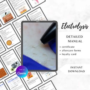 Può includere: Immagine di un tablet digitale che mostra un primo piano di un trattamento di elettroepilazione. Il tablet è circondato da diverse pagine di un manuale dettagliato. Il testo include "Electrolysis", "Detailed Manual" e "Instant Download".