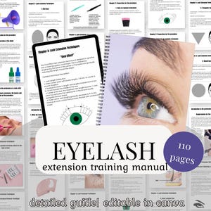 Può includere: Un primo piano di un occhio con ciglia lunghe, un occhio verde e un quaderno con il testo "EYELASH extension training manual" e "110 pages" sulla copertina. Il quaderno è aperto a una pagina con il titolo "Chapter 3: Lash Extension Techniques" e un diagramma di un occhio con extensioni di ciglia.