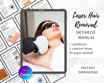 Manual de capacitación en depilación láser: Plantilla de Canva editable de 70 páginas, curso, guía y educación en línea