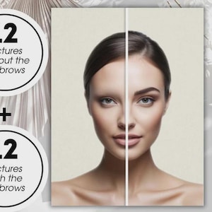 May include: A split image of a woman's face, one side with eyebrows and the other without. Text on the left reads "12 pictures without the eyebrows" and "12 pictures with the eyebrows". The right side reads "PRACTICE SHEETS".