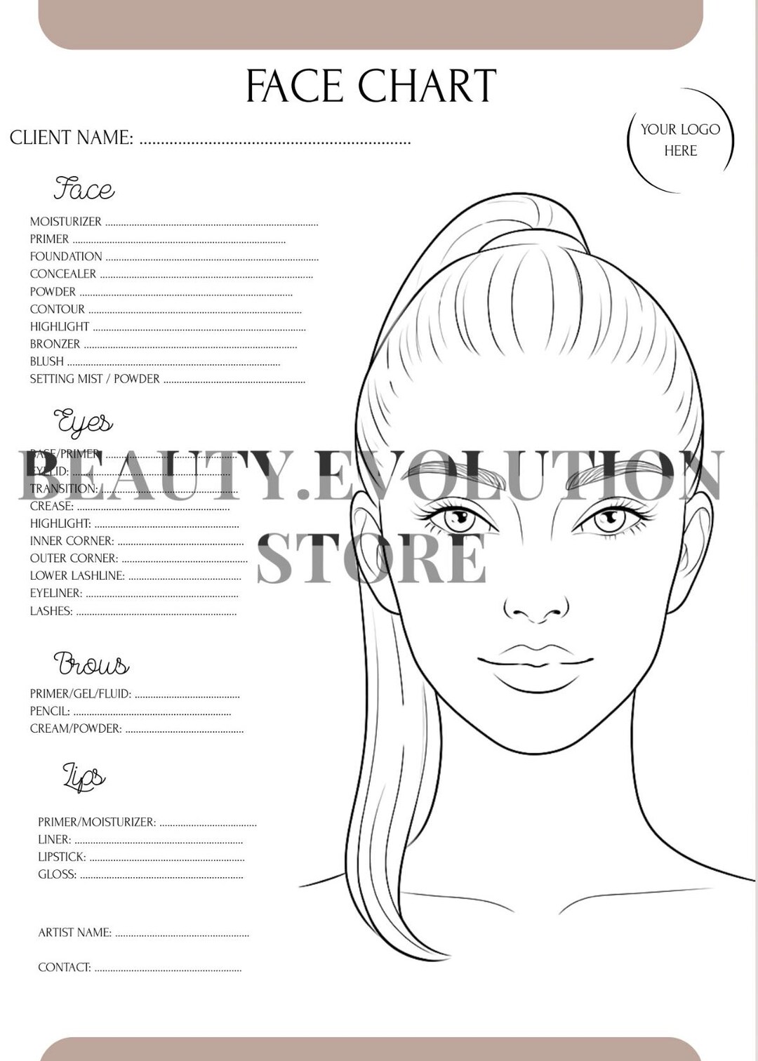 Makeup Face Chart Template for Artists | Editable Client Makeup Chart ...