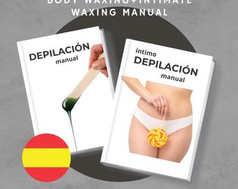 Puede incluir: Dos manuales blancos titulados "Depilación Manual" e "íntimo Depilación Manual" con imágenes de depilación. También se ve el texto "Body Waxing + Intimate Waxing Manual" y "Detailed Waxing Manual".