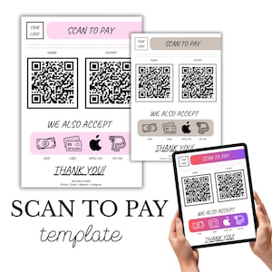 Puede incluir: Una plantilla "Escanear para pagar" con códigos QR para Venmo y Cash App. El diseño incluye iconos de métodos de pago (efectivo, tarjeta, Apple Pay, PayPal), el texto "¡Gracias!" y espacio para un logotipo de empresa.