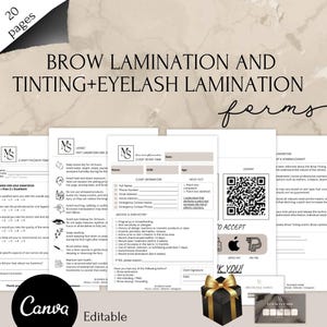 Könnte beinhalten: Eine Sammlung druckbarer Formulare für Augenbrauenlaminierung, Färben und Wimpernlaminierung. Die Formulare umfassen Kundeninformationen, Pflegehinweise und eine Kundenkarte. Das Bild zeigt auch eine Geschenkbox und das Canva-Logo.
