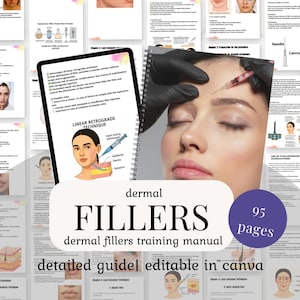 May include: A training manual for dermal fillers, featuring a woman's face with a needle, and a tablet with diagrams. The manual includes the text "LINEAR RETROGRADE TECHNIQUE" and "dermal FILLERS" with "95 pages".