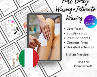 Puede incluir: Imagen que promociona servicios de depilación corporal e íntima. La imagen incluye una tableta que muestra un procedimiento de depilación, rodeada de documentos. El texto incluye "Full Body Waxing + Intimate Waxing", "Certificado", "Tarjetas de fidelidad" y "Descarga instantánea".