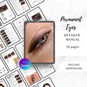 Puede incluir: Una descarga digital de un manual de 70 páginas para el maquillaje permanente de ojos. La portada presenta un primer plano de un ojo de mujer con sombra de ojos oscura y delineador. El texto "Permanent Eyes" está en letras grandes y negritas, y el texto "MANUAL DETALLADO" y "70 páginas" está en letras más pequeñas debajo. El texto "DESCARGA INSTANTÁNEA" está en la parte inferior de la imagen.