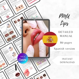 May include: A digital manual for PMU Lips, featuring a close-up of a person's lips with red lipstick. The manual is 80 pages and in Spanish. The image includes the text "Detailed Manual" and "Instant Download."