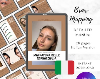 Curso de mapeo de cejas en italiano, guía de capacitación editable en formato ebook de Canva, tutorial y manual de entrenamiento de cejas.
