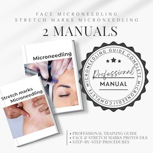 May include: Two manuals on microneedling and stretch marks, with the text "Microneedling" and "Stretch marks Microneedling" on the covers. A circular seal reads "Professional Manual" and "Complete Microneedling Guide".