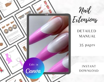 May include: A digital manual for nail extensions, featuring a close-up of long, pink and white French-tip nails on a tablet. The manual is 35 pages and includes the text "Nail Extensions", "Detailed Manual", and "Instant Download".