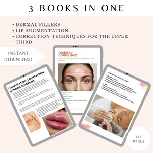 May include: Three digital books on a light pink background. The books cover dermal fillers, lip augmentation, and correction techniques. The text "3 BOOKS IN ONE" and "INSTANT DOWNLOAD" are visible. The image also shows "145 PAGES".