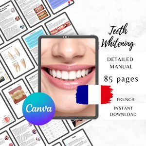 May include: A digital manual titled Teeth Whitening with 85 pages, featuring a central tablet display of a smiling mouth with white teeth. The layout includes multiple page previews showing dental diagrams, text, and a Canva logo in the corner.
