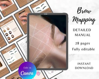 May include: A digital tablet displaying a close-up of a woman's face with white lines drawn on her forehead for brow mapping. The tablet is on a table with several pages of a brow mapping manual. The manual is titled "Brow Mapping" and includes the text "Detailed Manual", "28 pages", "Fully editable", and "Instant Download".