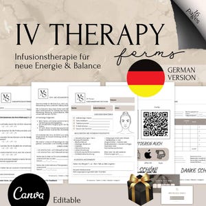 Może przedstawiać: Zestaw edytowalnych formularzy terapii dożylnej, z tekstem "IV THERAPY forms" na górze. Formularze są w wersji niemieckiej, z widoczną flagą Niemiec. Słowo "Editable" znajduje się na dole.