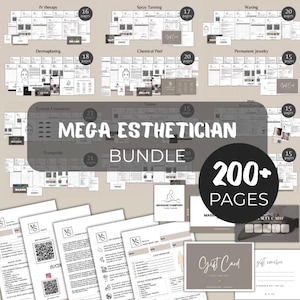 Puede incluir: Un conjunto de formularios y guías para esteticistas, incluyendo terapia IV, bronceado en spray, depilación con cera, etc. El paquete incluye más de 200 páginas de recursos. El texto "MEGA ESTHETICIAN BUNDLE" es visible.