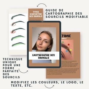 Puede incluir: Una guía de mapeo de cejas con el rostro y la ceja de una mujer, un diagrama de anatomía de las cejas y texto en francés que dice "Guide de Cartographie des Sourcils Modifiable" y "Livre à Sourcils Cartographie des Sourcils".