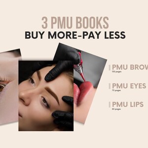 Könnte beinhalten: Drei Bücher über Permanent-Make-up-Techniken für Augenbrauen, Augen und Lippen. Die Bücher werden als Bundle mit einem Rabatt für den Kauf mehrerer Bücher angeboten. Die Coverbilder zeigen Nahaufnahmen von Models mit Permanent Make-up.