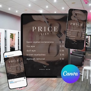 Op de afbeelding: Een digitale prijslijst voor wimperverlengingsdiensten, weergegeven op een tablet en twee smartphones. De lijst bevat prijzen voor basisverlengingen, fox eye, doll eye, bruine wimpers en wimperverwijdering. Het Canva-logo is zichtbaar.