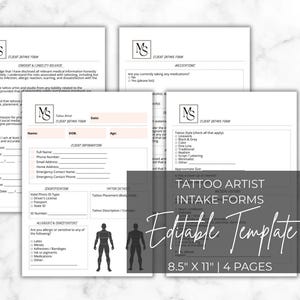 Op de afbeelding: Een set van vier tattoo artiest intake formulieren van 21,6 x 27,9 cm. De formulieren bevatten secties voor klantinformatie, medische geschiedenis en tattoo details. Bewerken sjabloon.
