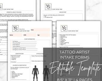 Formularios de admisión de clientes para artistas del tatuaje / Formularios médicos y de consentimiento para tatuajes editables / Plantilla de Canva / Documentación para estudios de tatuajes