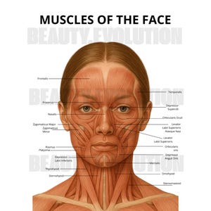 May include: Anatomical illustration of the muscles of the face, labeled with scientific names. The image shows a frontal view of a person's face, with the muscles highlighted in shades of red and brown. The text "MUSCLES OF THE FACE" is at the top.