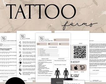 Paquete de formularios para clientes de estudios de tatuajes, plantilla de admisión para artistas del tatuaje, formulario de exención de consentimiento para tatuajes, formularios de autorización de prensa, cuidados posteriores y tarjeta de presentación.