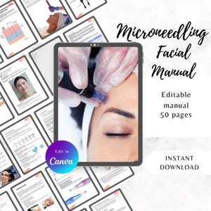 Microneedling Facial Training Manual | 50-Page Editable Guide for Estheticians | Skin Needling Course PDF | Canva Template Skin needling