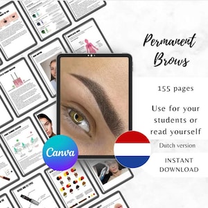 Peut inclure: Guide numérique sur les sourcils permanents, avec un gros plan sur un sourcil et un œil. Le guide comprend 155 pages et est disponible en téléchargement instantané. Le logo Canva et le drapeau néerlandais sont également visibles.