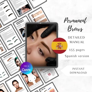 Op de afbeelding: Een digitale tablet met een 155 pagina's tellende handleiding voor permanente wenkbrauwen in het Spaans. De handleiding heeft de titel "Permanent Brows Detailed Manual" en toont een close-up afbeelding van een vrouw wiens wenkbrauw wordt behandeld.