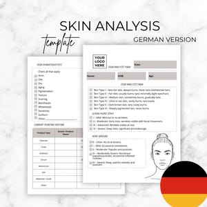 Op de afbeelding: Een huidanalyse sjabloon met de tekst "SKIN ANALYSIS" en "GERMAN VERSION". Het formulier bevat secties voor huidkenmerken, huidverzorgingsroutine en een huidanalyseformulier met een diagram van een gezicht en de Duitse vlag.