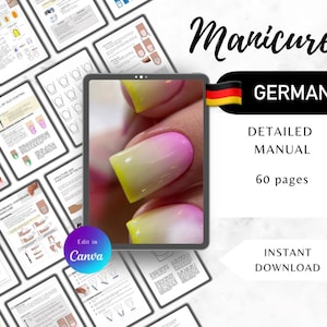 May include: A digital tablet displaying a 60-page German manicure manual with illustrations. The text on the tablet reads "Manicure German Detailed Manual 60 pages Instant Download".
