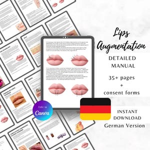 Puede incluir: Un manual digital sobre aumento de labios, con instrucciones detalladas y formularios de consentimiento. La imagen muestra una tableta que muestra el manual, rodeada de páginas impresas. El texto incluye "Lips Augmentation", "Detailed Manual" y "Instant Download German Version".