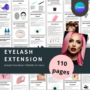 Op de afbeelding: Een digitaal product om technieken voor wimperverlenging te leren. De omslag toont een model met roze haar en opvallende make-up, met de tekst "EYELASH EXTENSION Direct downloaden | Bewerkbaar in Canva 110 pagina's".