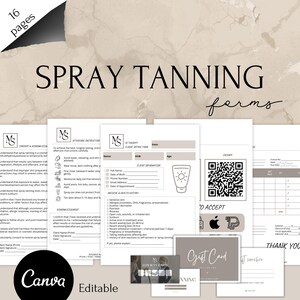 Puede incluir: Un conjunto de formularios de bronceado en spray, que incluyen hojas de consentimiento, cuidado posterior e información del cliente. Los formularios son en blanco y negro con un diseño minimalista, con el texto "SPRAY TANNING forms".