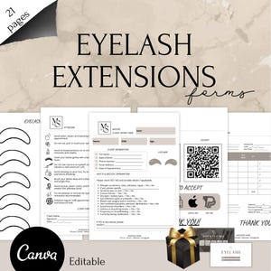 May include: A collection of editable eyelash extension forms, including aftercare instructions, client intake forms, and payment options. The forms are in black and white with a Canva logo and a gift box.
