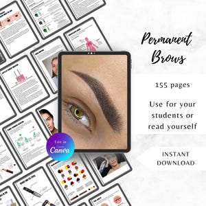 Könnte beinhalten: Ein digitaler Leitfaden für Permanent-Brows, mit einer Nahaufnahme einer Augenbraue auf einem Tablet-Bildschirm. Der Leitfaden umfasst 155 Seiten und steht zum sofortigen Download bereit. Zusätzliche Tablets zeigen verwandte Bildungsinhalte.