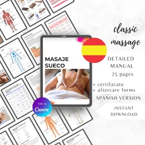Może przedstawiać: Cyfrowy podręcznik w języku hiszpańskim zatytułowany "MASAJE SUECO" ze zdjęciem masażu pleców. Podręcznik ma 75 stron i zawiera certyfikat oraz formularze opieki po zabiegu. Widoczne są również słowa "klasyczny masaż" i "natychmiastowe pobieranie".